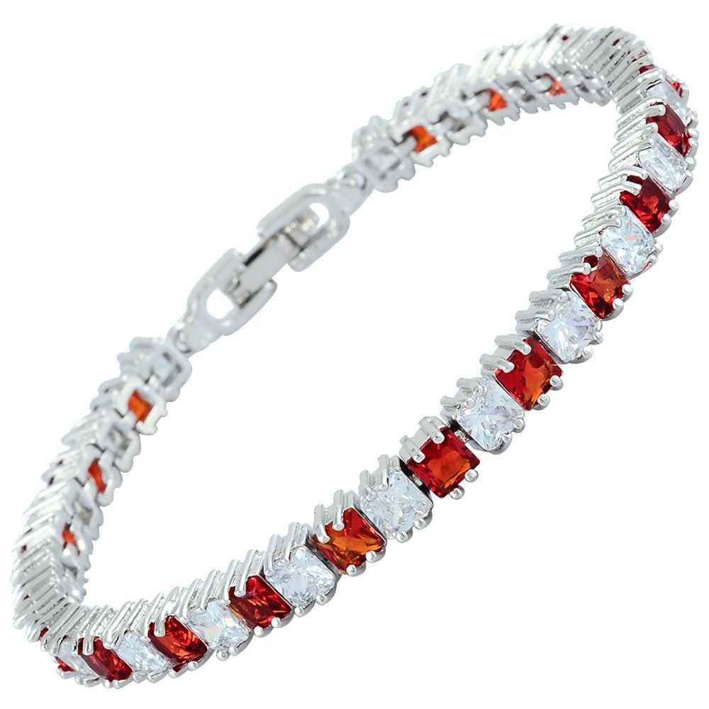 RIZILIA [Ice Cube] Princess Cut Multi-Color CZ 18K White Gold Plated Tennis Bracelet, 7"