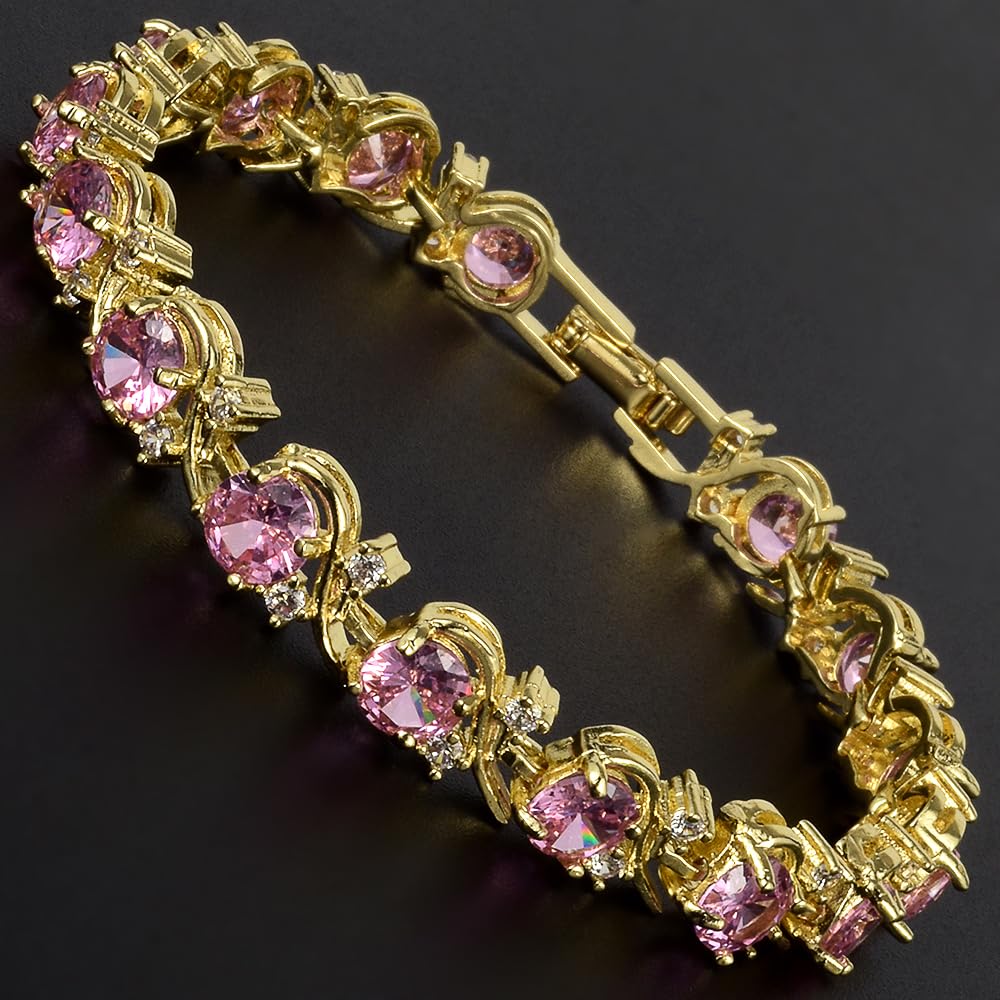 RIZILIA BLOSSOM Tennis Bracelet & Round Cut CZ [6 Colors available] in Yellow Gold Plated, 7"