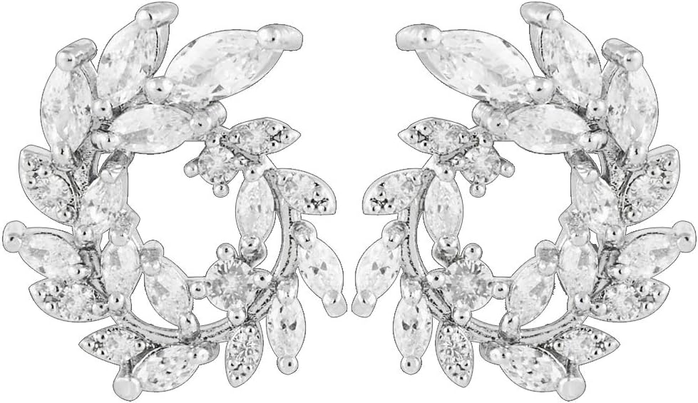 [RIZILIA BLOSSOM] Stud Pierced Earrings with Marquise Cut CZ [White Cubic Zirconia] in White Gold Plated, Simple Modern Elegant