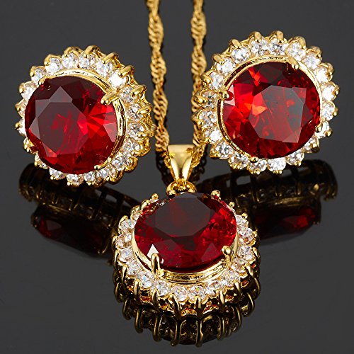 RIZILIA BLOSSOM Jewelry Set Pendant with 18" Chain & Stud Earrings Round Cut CZ [5 Colours available] in Yellow Gold Plated, Simple Modern Elegant