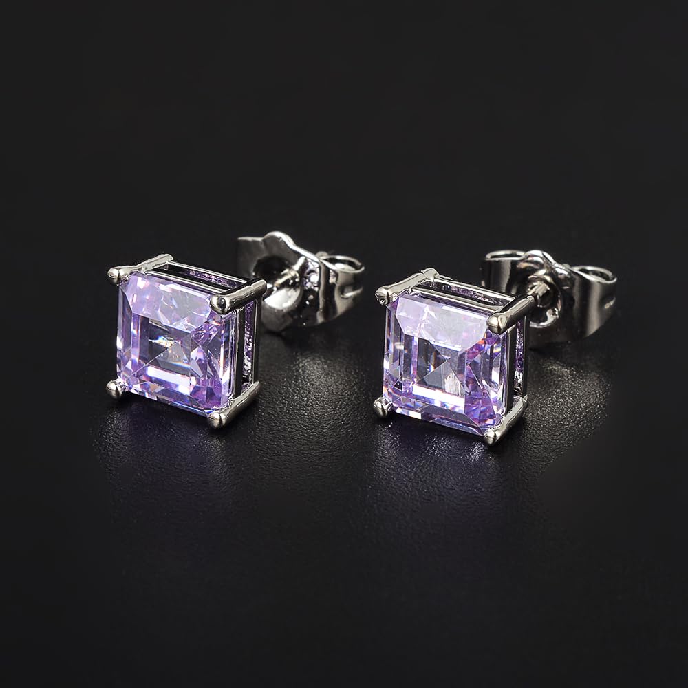 [RIZILIA CLASSIC] Stud Pierced Earrings with Square Emerald Cut Gemstones CZ [Multi-Colors available] in 18K White Gold Plated, Simple Modern Elegant