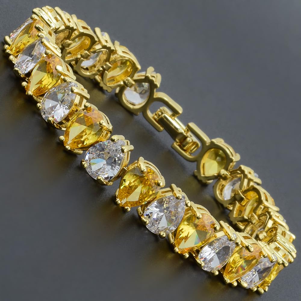 RIZILIA SPECTRUM Trendy Pear-Cut Cubic Zirconia Tennis Bracelet for Women | 14K Gold Plated 6mm Multicolor CZ Stones | 7 Inch Elegant Jewelry Gift for Her