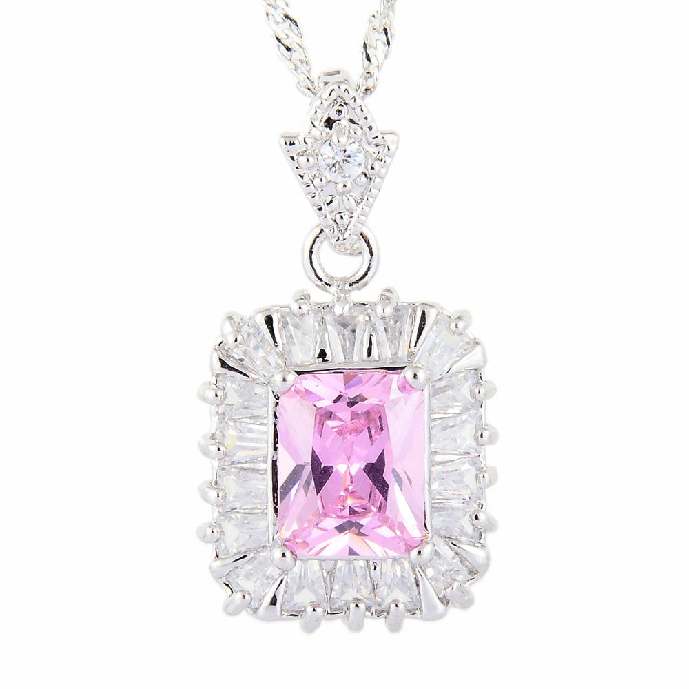 RIZILIA Pendant with 18" Chain & Rectangular Cut CZ [5 Colors available] in White Gold Plated, Simple Modern Elegant