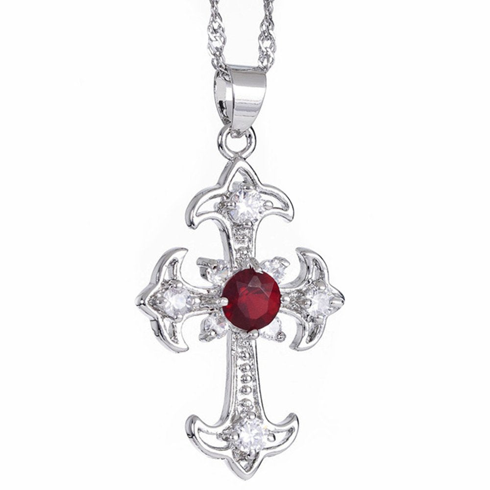 RIZILIA Cross Pendant with 18" Chain & Round Cut CZ [5 Colors available] in White Gold Plated, Simple Modern Elegant