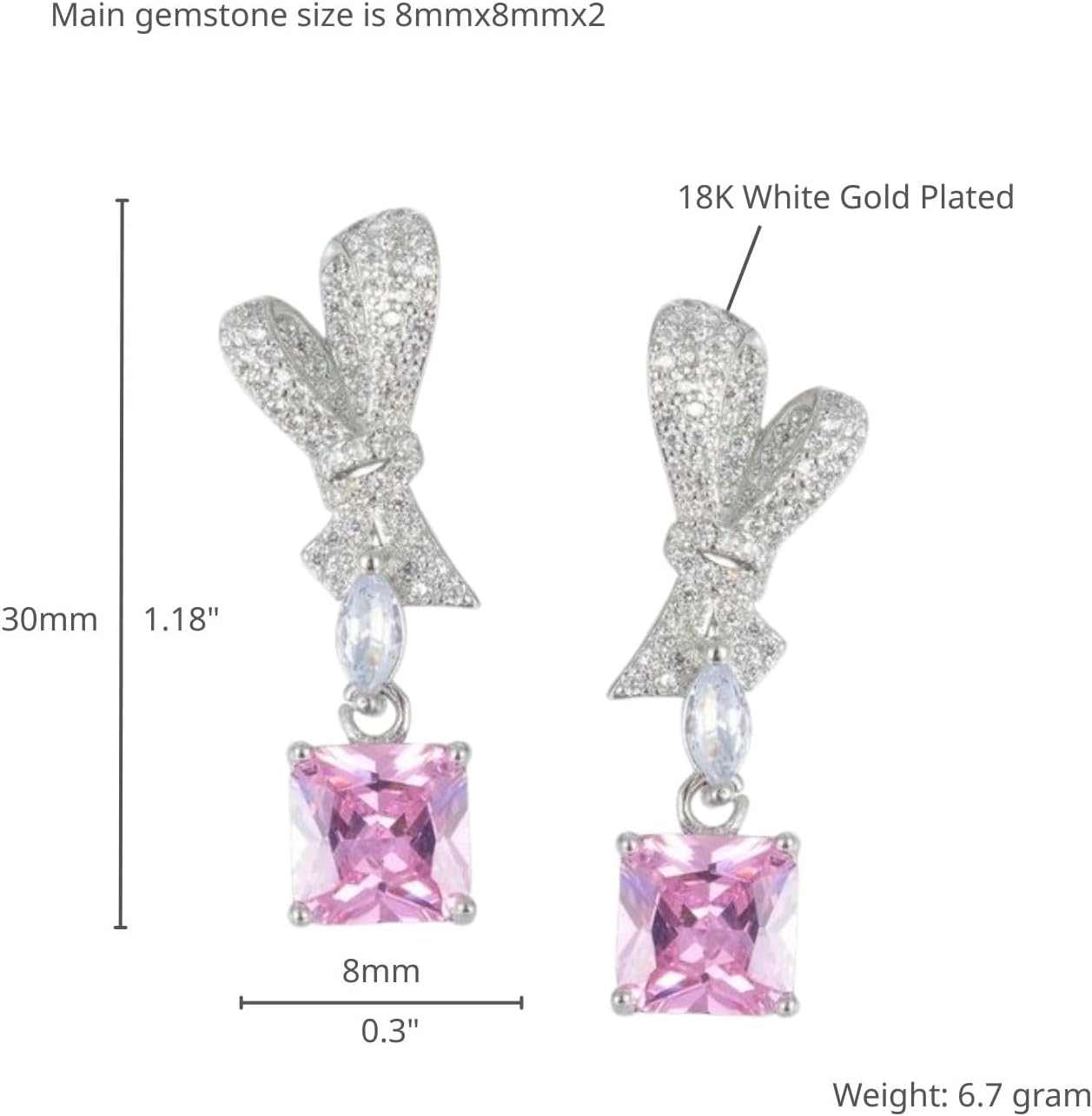 RIZILIA Bow 18K White Gold Plated Earrings for Women, Princess cut CZ [Simulated Pink Sapphire] Dangle Earrings, Trendy Jewelry Gift for Women