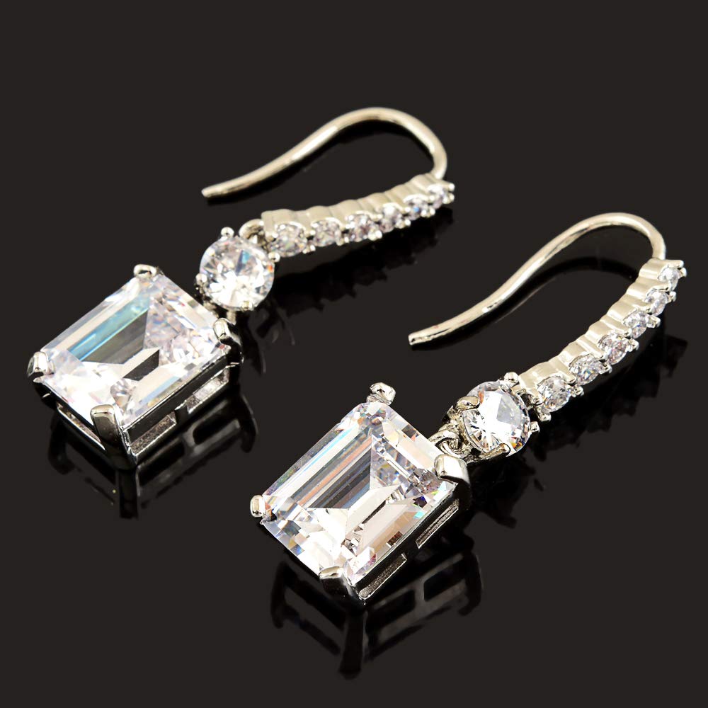 [RIZILIA CLASSIC] Dangle Drop Pierced Swan Hook Earrings with Emerald Cut Gemstones CZ [Multi-Colors available] in 18K White Gold Plated, Simple Modern Elegant