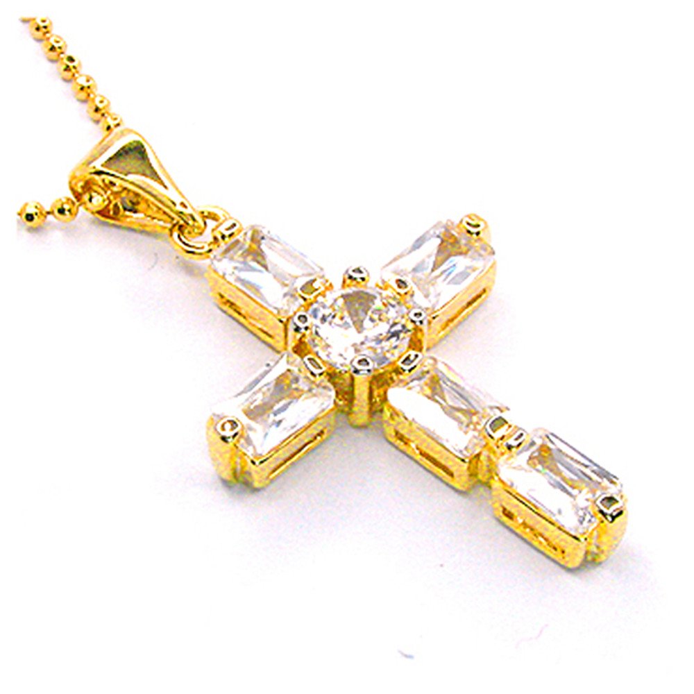 RIZILIA Cross Pendant with 18" Chain & Rectangular Cut CZ [6 Colors available] in Yellow Gold Plated, Simple Modern Elegant