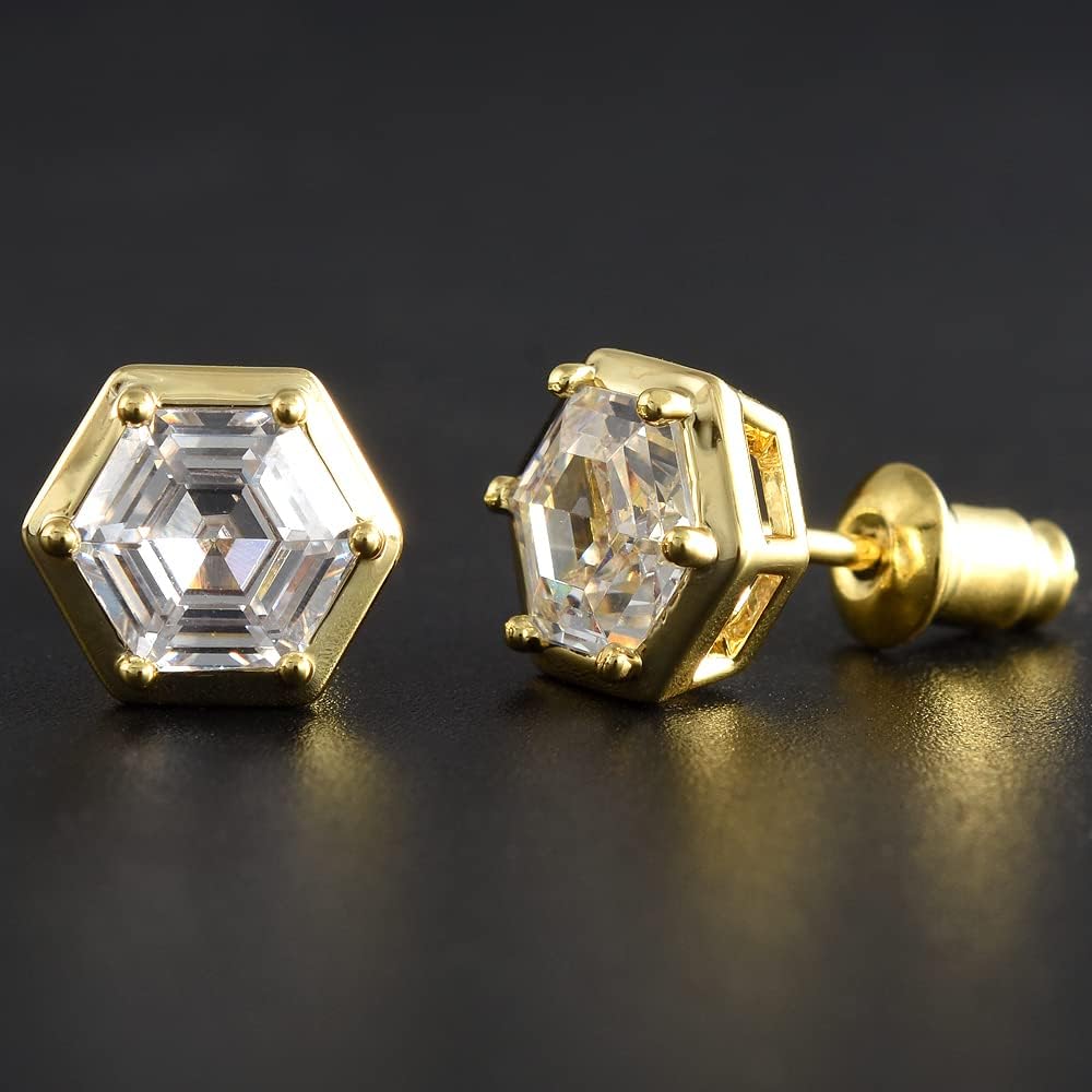 [RIZILIA BEEHIVE] Hexagon Pierced Stud Earrings with Custom-Cut 2CT 6mm Gemstone [White Cubic Zirconia] in 18K Gold Plated
