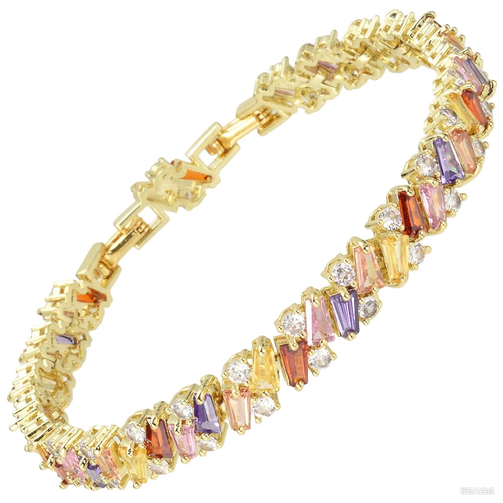 RIZILIA Prism Tennis Bracelet for Women with Tapered Baguette Cut CZ Simulated Diamond Multi Colors Birthstone in 14K Yellow Gold Plated, 7 + 1 inch Bracelet Extender