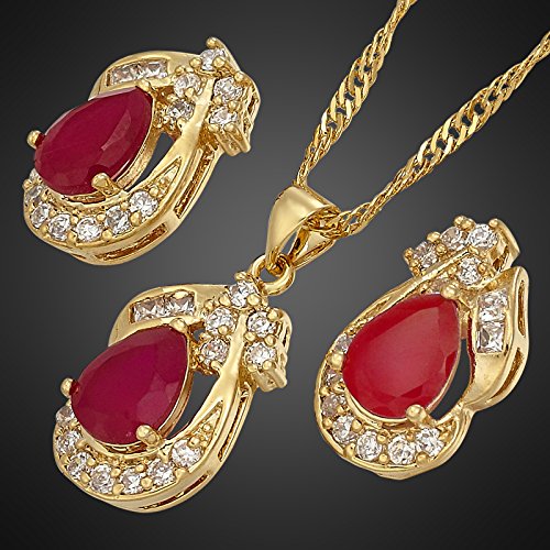 RIZILIA Jewelry Set for Women - Pear Cut Multiple Birthstone Colors Available - Yellow Gold Plated Pendant Necklace with 18 Inch Chain + 2 inch Extension and Stud Earrings