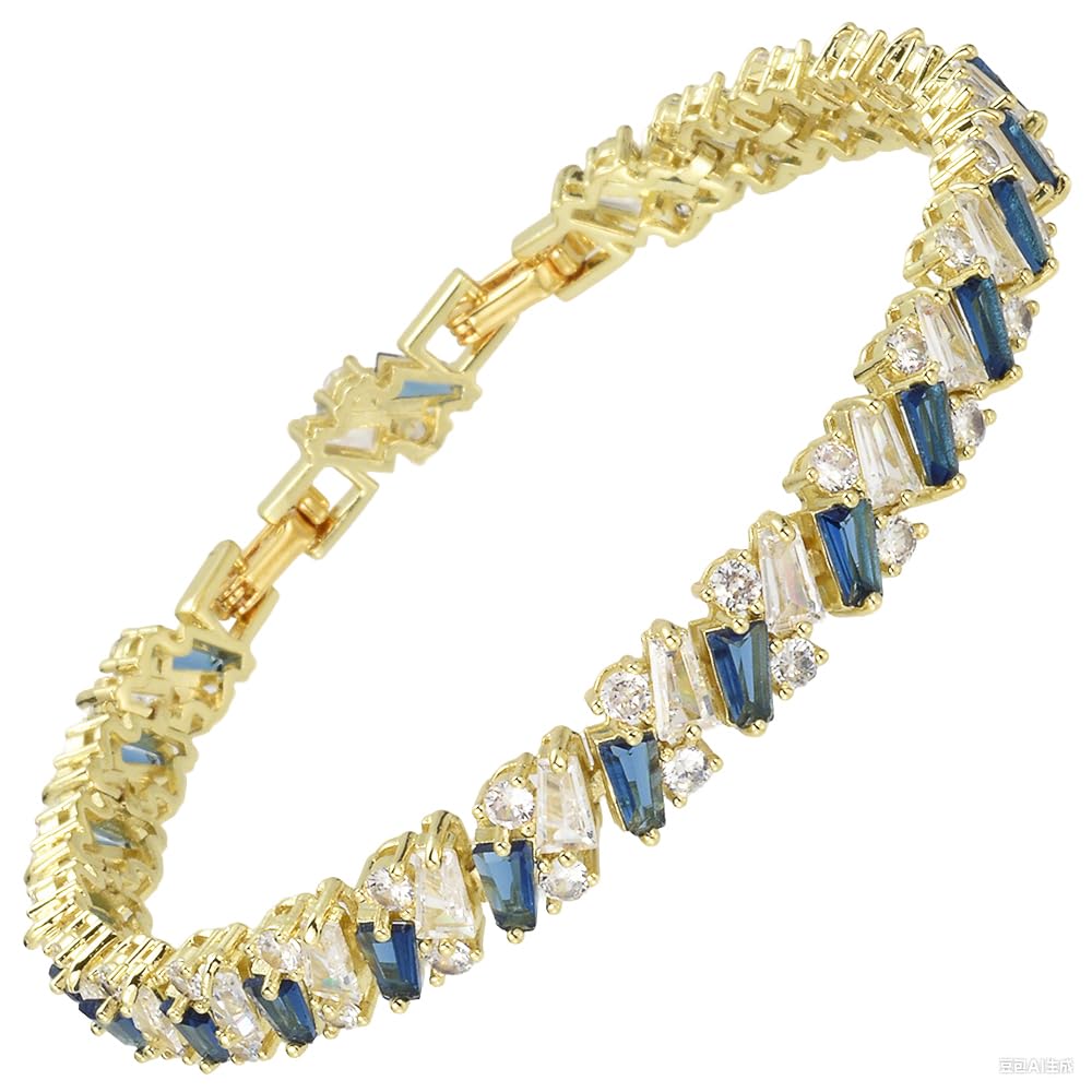 RIZILIA Prism Tennis Bracelet for Women with Tapered Baguette Cut CZ Simulated Diamond Multi Colors Birthstone in 14K Yellow Gold Plated, 7 + 1 inch Bracelet Extender