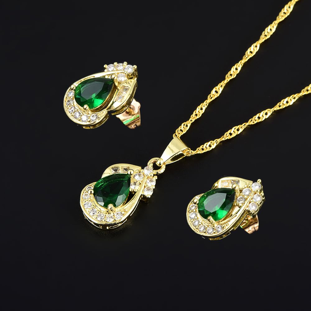 RIZILIA Jewelry Set for Women - Pear Cut Multiple Birthstone Colors Available - Yellow Gold Plated Pendant Necklace with 18 Inch Chain + 2 inch Extension and Stud Earrings