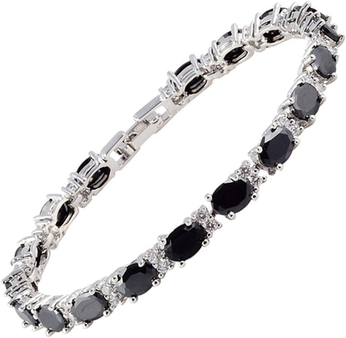 RIZILIA Oval Cut Multi-Color CZ Birthstone 18K White Gold Plated Tennis Bracelet, 7