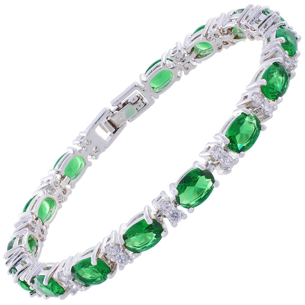 RIZILIA Oval Cut Multi-Color CZ Birthstone 18K White Gold Plated Tennis Bracelet, 7"