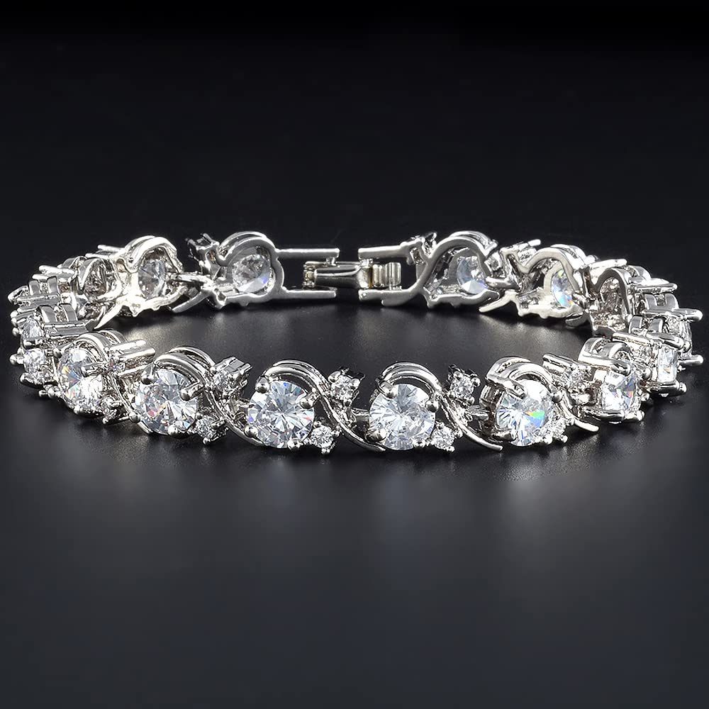 RIZILIA BLOSSOM Tennis Bracelet & Round Cut CZ [6 Colors available] in White Gold Plated, 7"