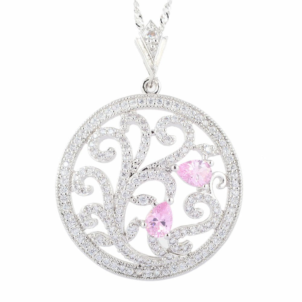 RIZILIA BLOSSOM Flower Vine Pendant with 18" Chain & Pear Cut CZ [5 Colors available] in White Gold Plated, Simple Modern Elegant
