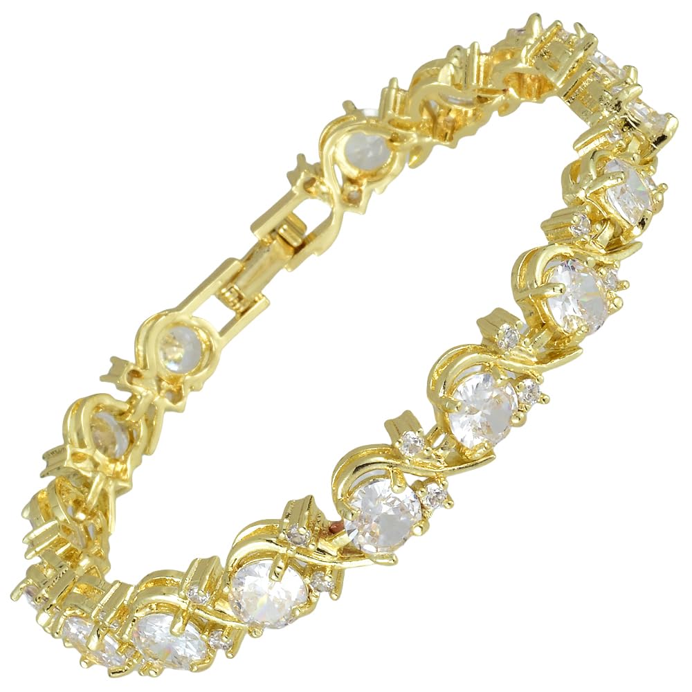 RIZILIA BLOSSOM Tennis Bracelet & Round Cut CZ [6 Colors available] in Yellow Gold Plated, 7"