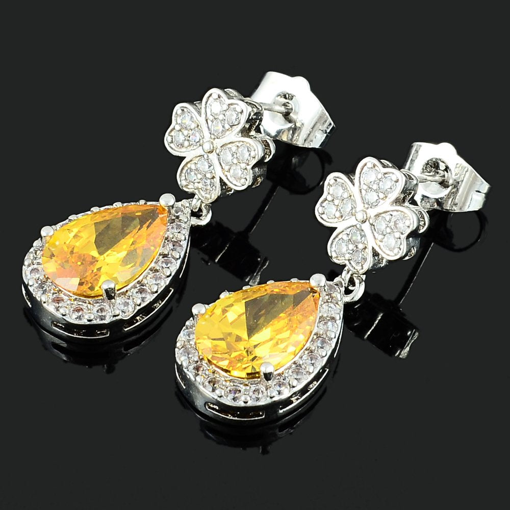 [RIZILIA BLOSSOM] Dangle Drop Pierced Earrings with Pear Cut CZ [4 Colors available] in White Gold Plated, Simple Modern Elegant
