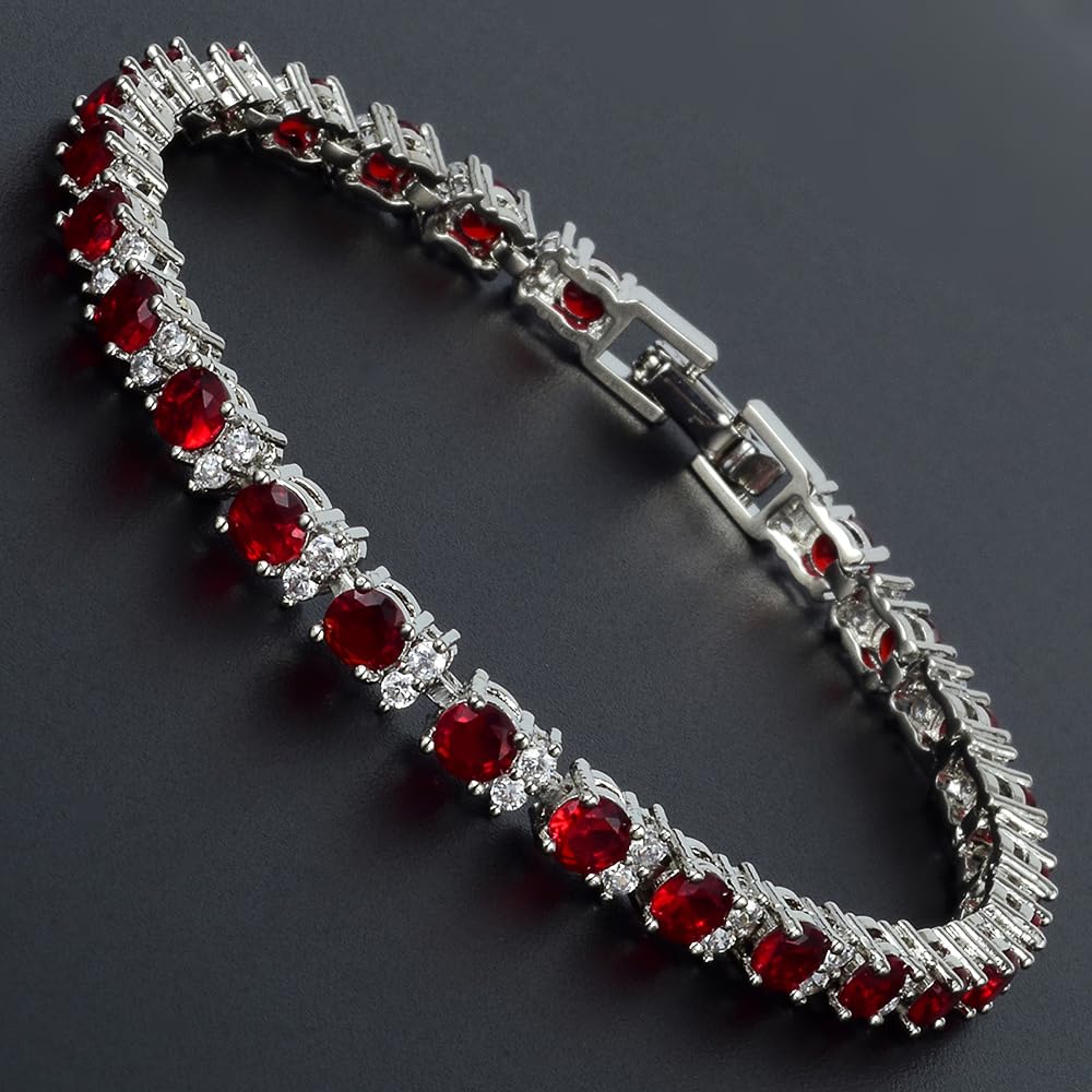 RIZILIA Round Multi-Color CZ Birthstone White Gold Plated Tennis Bracelet, 7"