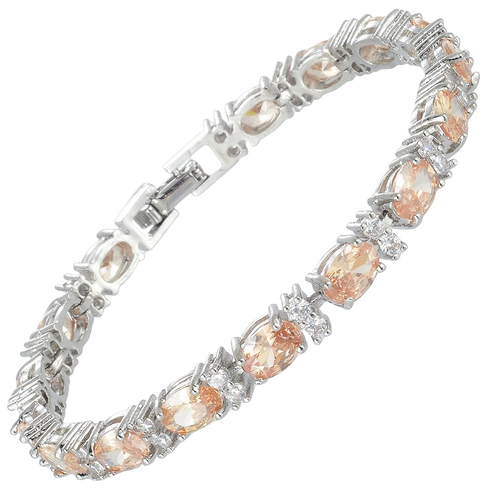 RIZILIA Oval Cut Multi-Color CZ Birthstone 18K White Gold Plated Tennis Bracelet, 7"