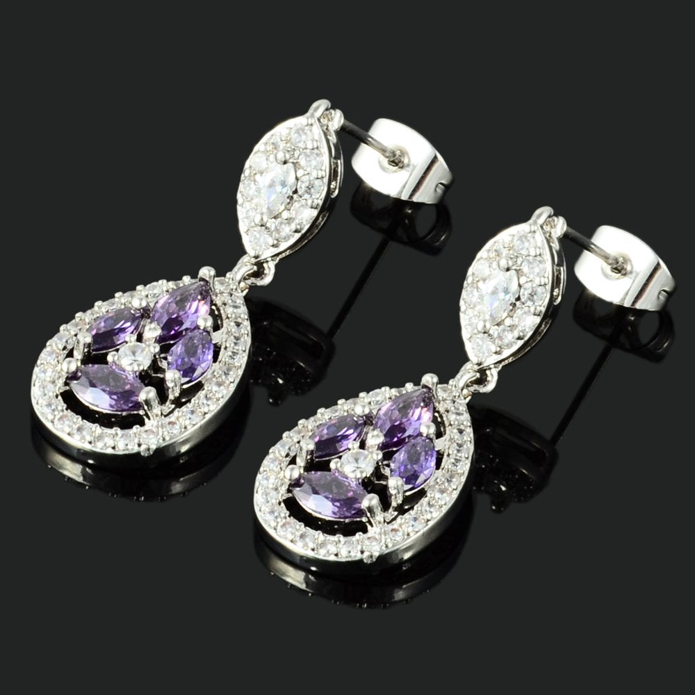[RIZILIA BLOSSOM] Dangle Drop Pierced Earrings with Marquise Cut CZ [5 Colors available] in White Gold Plated, Simple Modern Elegant