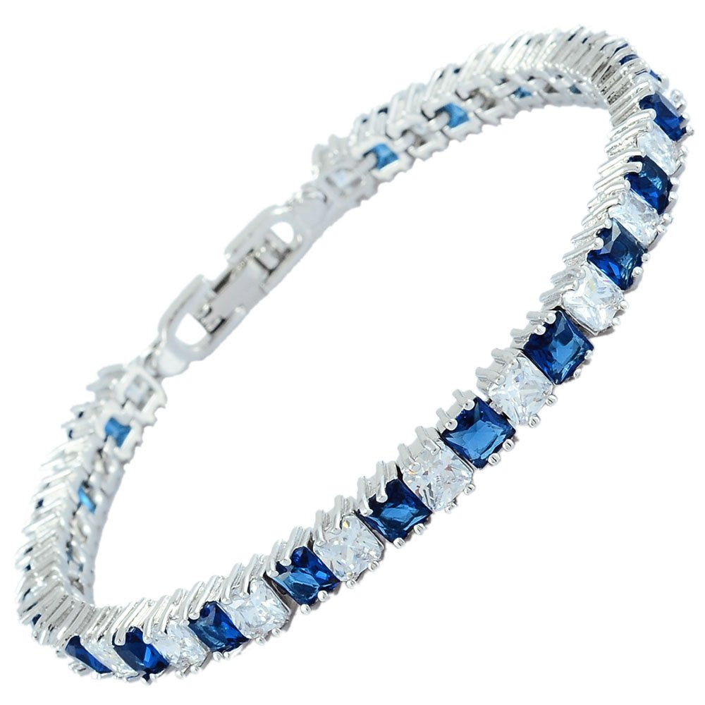 RIZILIA [Ice Cube] Princess Cut Multi-Color CZ 18K White Gold Plated Tennis Bracelet, 7"