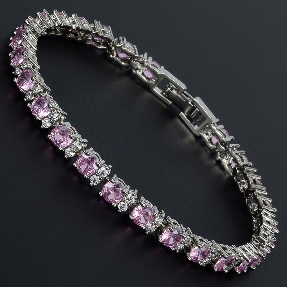 RIZILIA Round Multi-Color CZ Birthstone White Gold Plated Tennis Bracelet, 7"