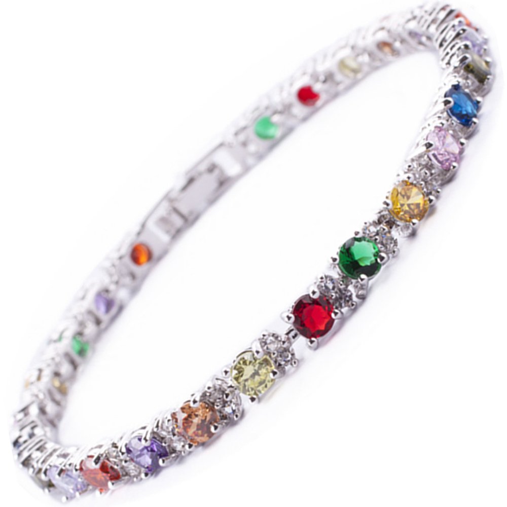 RIZILIA Round Multi-Color CZ Birthstone White Gold Plated Tennis Bracelet, 7"