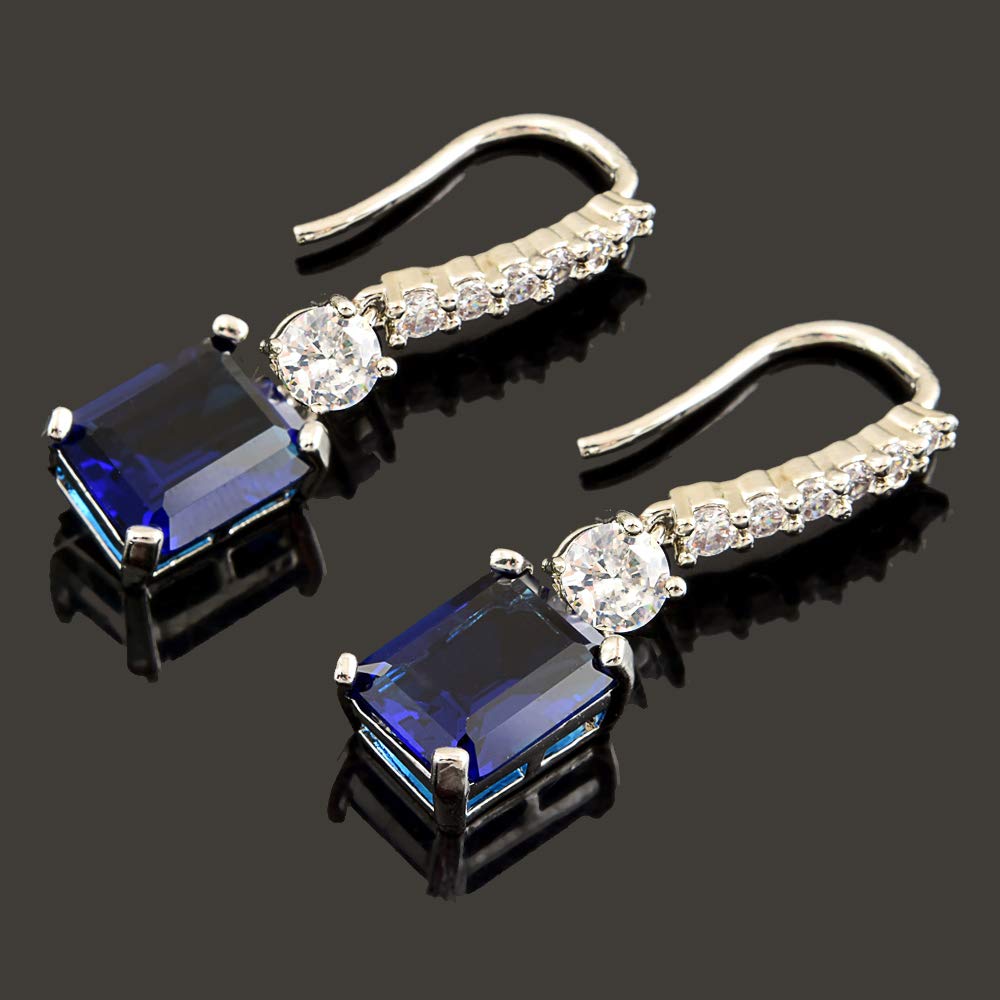 [RIZILIA CLASSIC] Dangle Drop Pierced Swan Hook Earrings with Emerald Cut Gemstones CZ [Multi-Colors available] in 18K White Gold Plated, Simple Modern Elegant