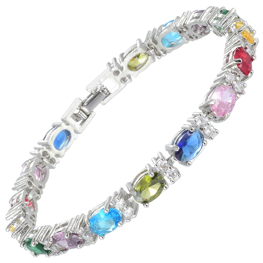 RIZILIA Oval Cut Multi-Color CZ Birthstone 18K White Gold Plated Tennis Bracelet, 7"