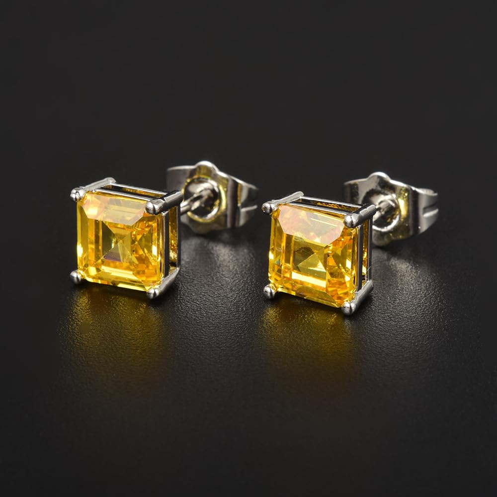 [RIZILIA CLASSIC] Stud Pierced Earrings with Square Emerald Cut Gemstones CZ [Multi-Colors available] in 18K White Gold Plated, Simple Modern Elegant