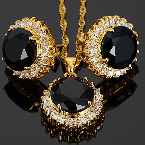 RIZILIA BLOSSOM Jewelry Set Pendant with 18" Chain & Stud Earrings Round Cut CZ [5 Colours available] in Yellow Gold Plated, Simple Modern Elegant