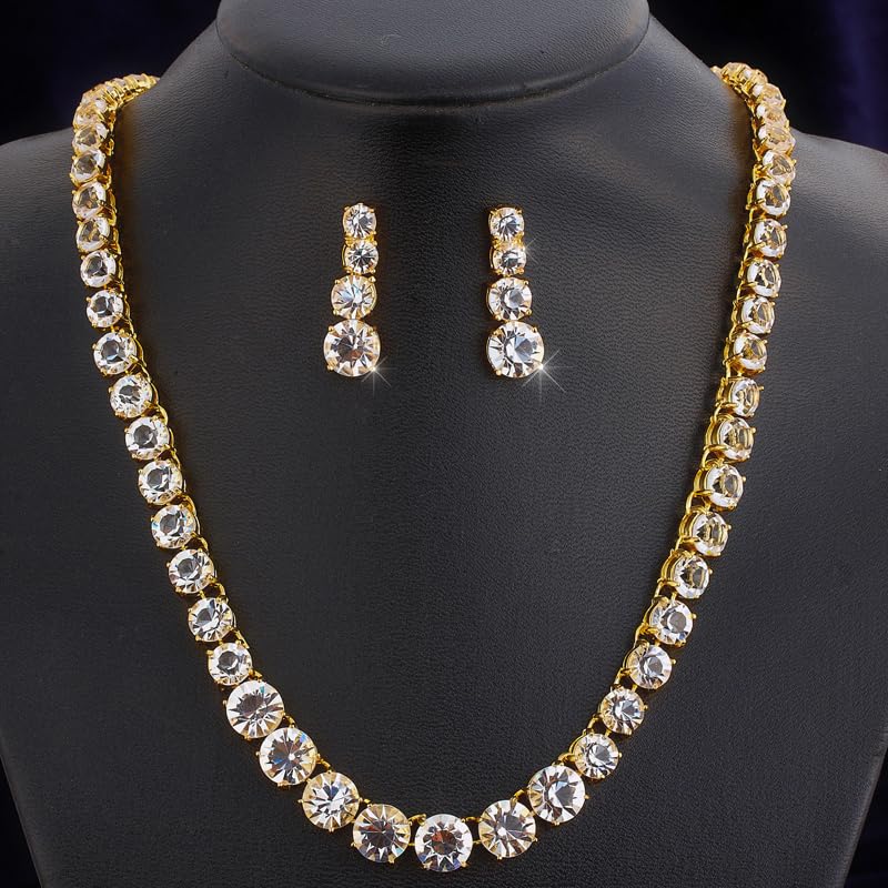 RIZILIA Jewelry Set for Women – 19" Necklace & Dangle Earrings, Round Cut Cubic Zirconia (Multi Color Birthstones) in Yellow Gold Plated – Inspired by Anna Wintour - Elegant Gift for her