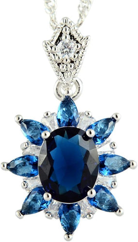 RIZILIA Oval CubicZirconia 18K White Gold Plated Flower Pendant Necklace Curb Chain