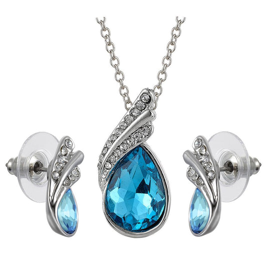 RIZILIA TEARDROP Jewelry Set Pendant with 17" Chain & Stud Earrings Pear Cut Austrian Crystal in White Gold Plated