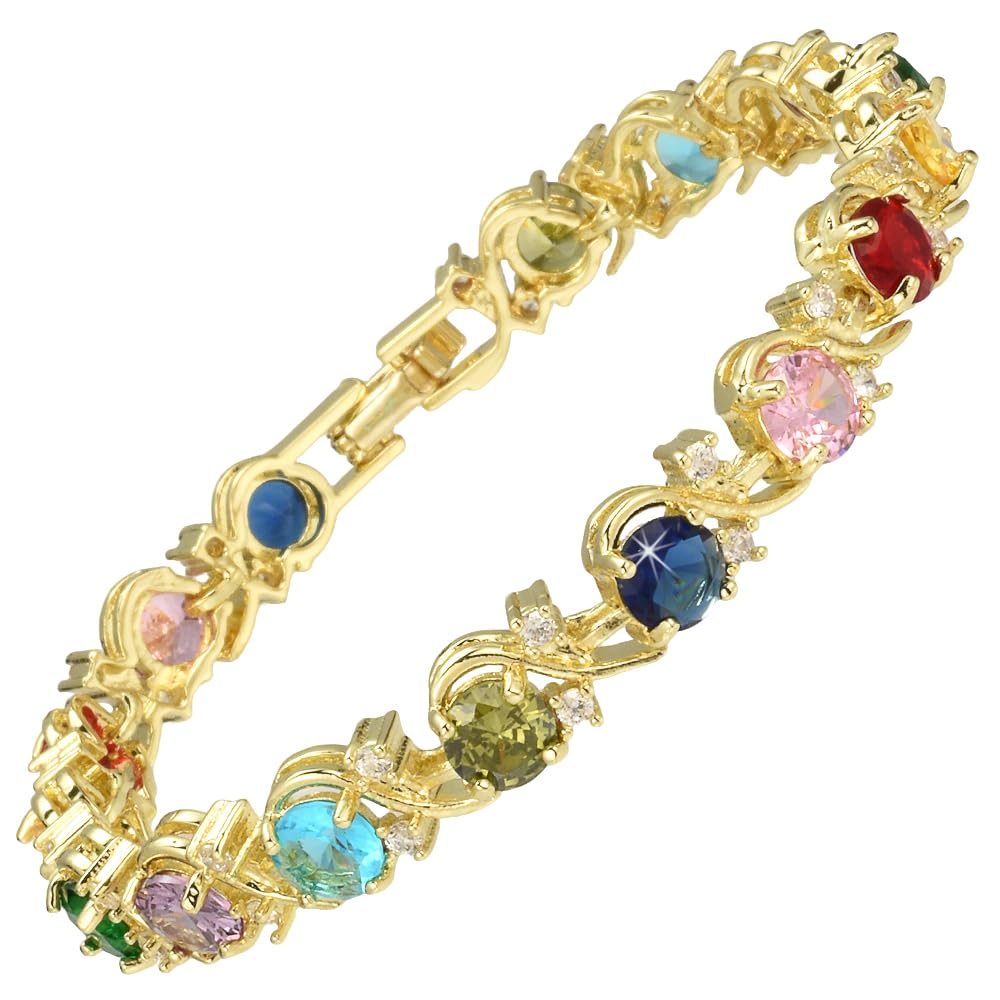 RIZILIA BLOSSOM Tennis Bracelet & Round Cut CZ [6 Colors available] in Yellow Gold Plated, 7"