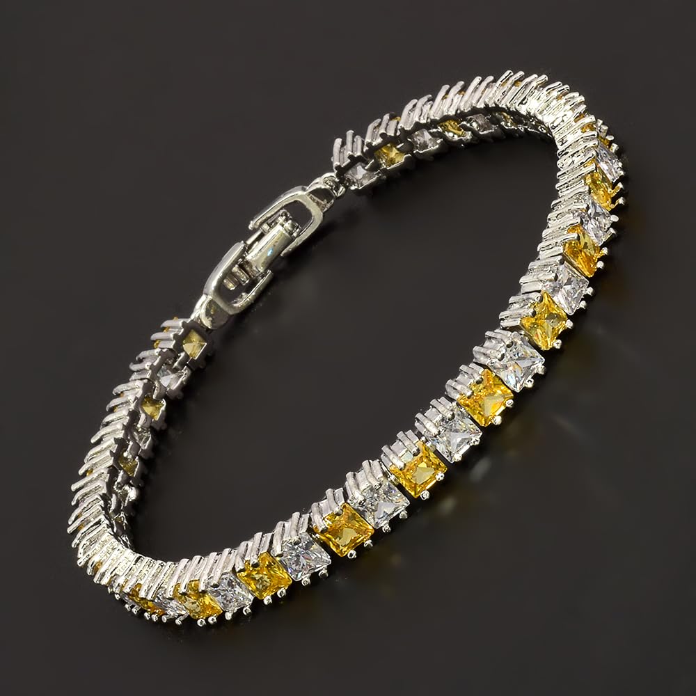 RIZILIA [Ice Cube] Princess Cut Multi-Color CZ 18K White Gold Plated Tennis Bracelet, 7"