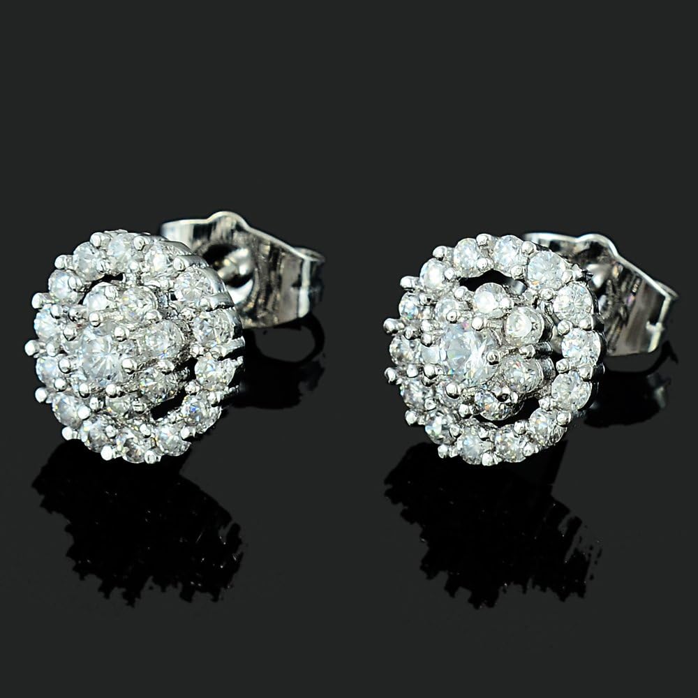 RIZILIA Stud Pierced Earrings with Round Cut CZ [White Cubic Zirconia] in White Gold Plated