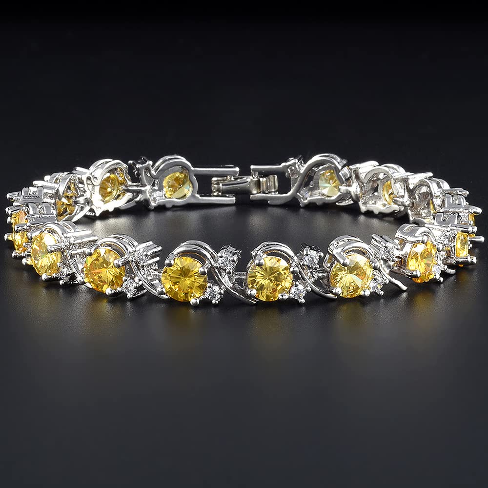 RIZILIA BLOSSOM Tennis Bracelet & Round Cut CZ [6 Colors available] in White Gold Plated, 7"