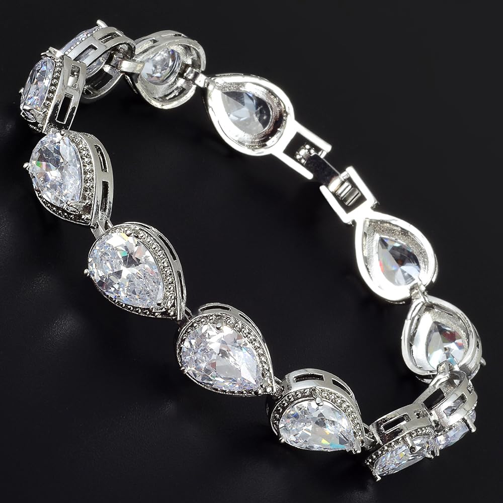 RIZILIA Tennis Bracelet & Pear Cut CZ [4 Colors Available] in White Gold Plated, 7"