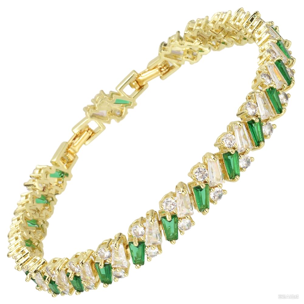 RIZILIA Prism Tennis Bracelet for Women with Tapered Baguette Cut CZ Simulated Diamond Multi Colors Birthstone in 14K Yellow Gold Plated, 7 + 1 inch Bracelet Extender