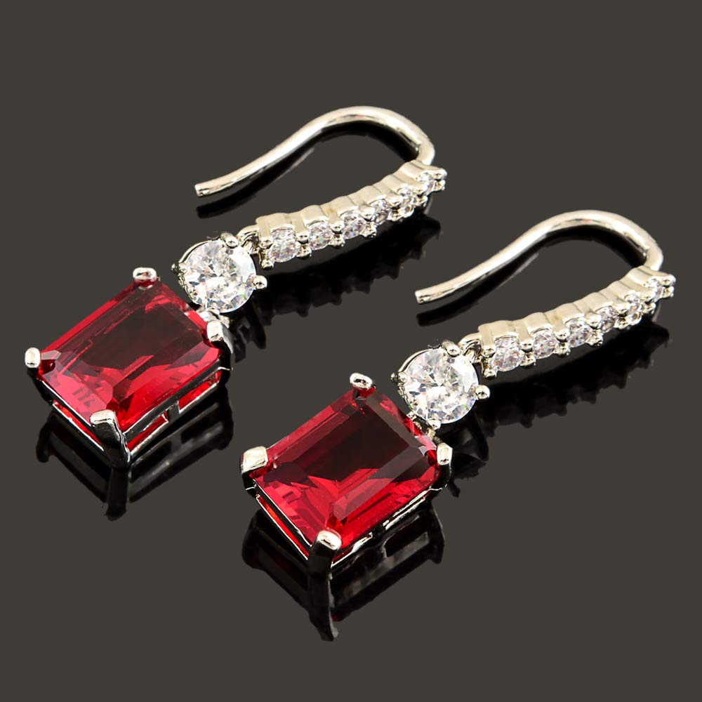 [RIZILIA CLASSIC] Dangle Drop Pierced Swan Hook Earrings with Emerald Cut Gemstones CZ [Multi-Colors available] in 18K White Gold Plated, Simple Modern Elegant