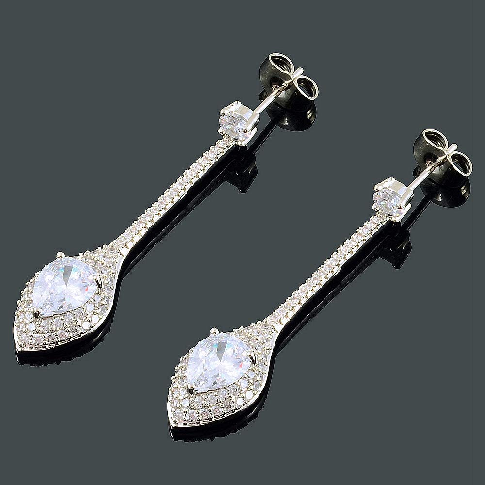 RIZILIA Dangle Drop Pierced Earrings with Pear Cut CZ [White Cubic Zirconia] in White Gold Plated, Simple Modern Elegant
