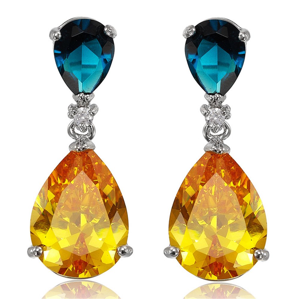 [RIZILIA CELEBOX] Teardrop Dangle Pierced Earrings with Pear Cut CZ [9 Colors available] in White Gold Plated, Celebrity inspired by Angelina Jolie