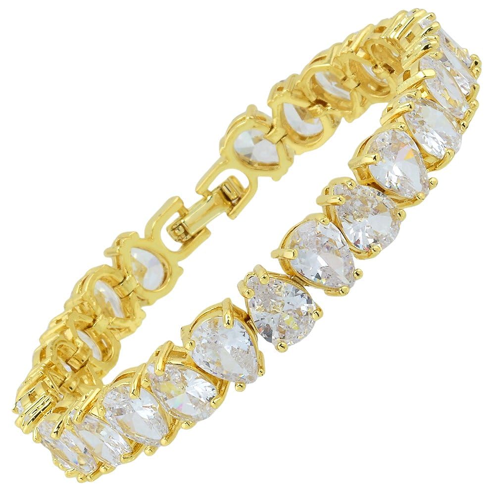 RIZILIA SPECTRUM Trendy Pear-Cut Cubic Zirconia Tennis Bracelet for Women | 14K Gold Plated 6mm Multicolor CZ Stones | 7 Inch Elegant Jewelry Gift for Her