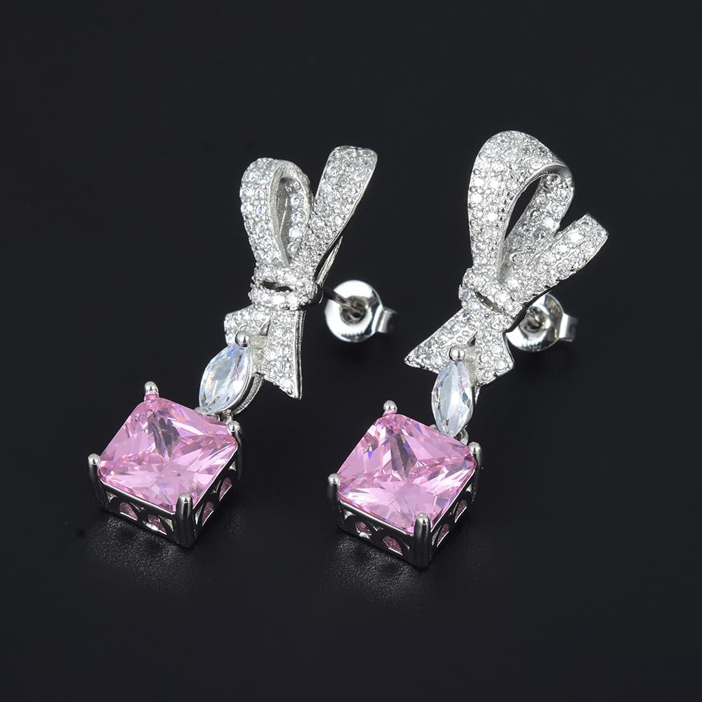 RIZILIA Bow 18K White Gold Plated Earrings for Women, Princess cut CZ [Simulated Pink Sapphire] Dangle Earrings, Trendy Jewelry Gift for Women