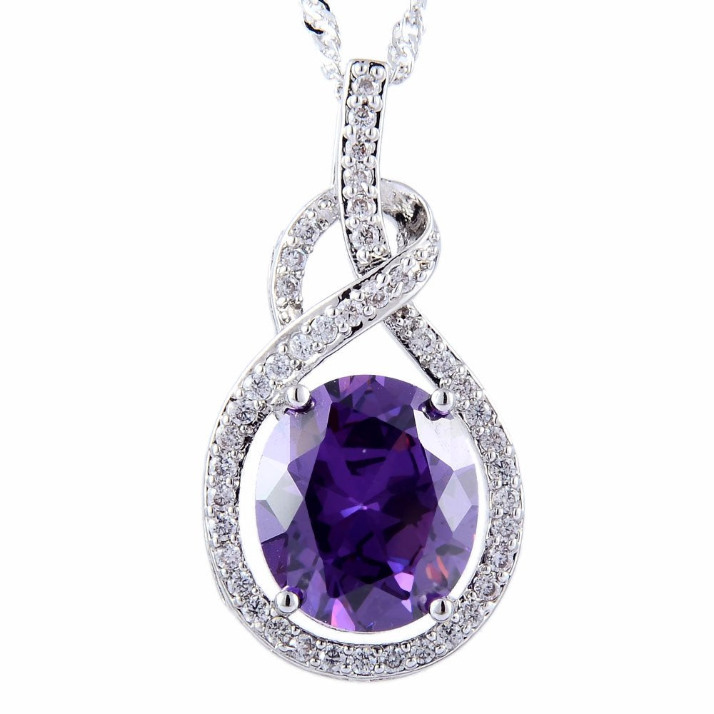 RIZILIA Pendant with 18" Chain & Oval Cut CZ [6 Colors available] in White Gold Plated, Simple Modern Elegant