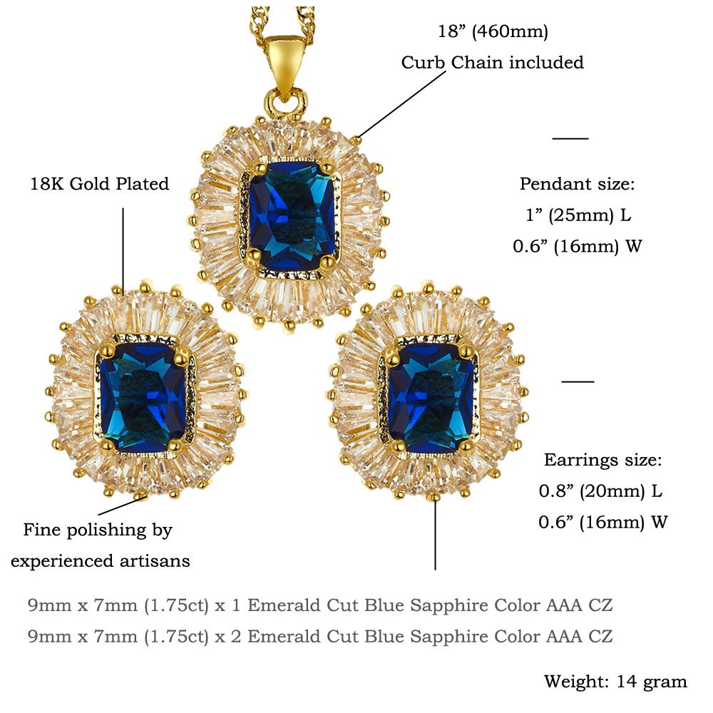 RIZILIA Jewelry Set Pendant with 18" Chain & Stud Earrings Rectangular Cut CZ [5 Colours available] in Yellow Gold Plated, Simple Modern Elegant