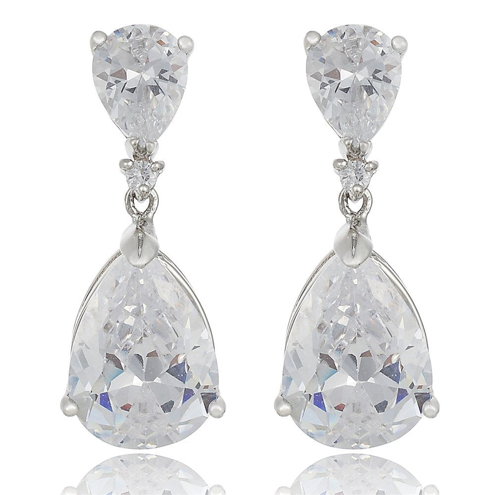 [RIZILIA CELEBOX] Teardrop Dangle Pierced Earrings with Pear Cut CZ [9 Colors available] in White Gold Plated, Celebrity inspired by Angelina Jolie