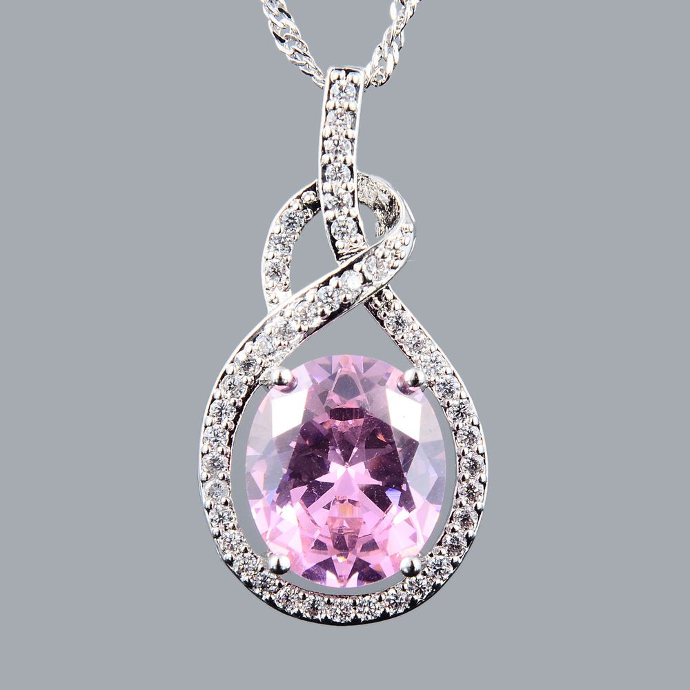 RIZILIA Pendant with 18" Chain & Oval Cut CZ [6 Colors available] in White Gold Plated, Simple Modern Elegant
